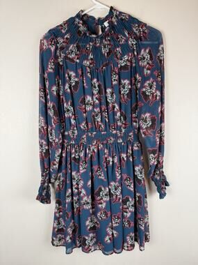 Peter Som Floral Pop Art Smoked Dress Long Sleeve Chiffon Smocked Mini Sz 0